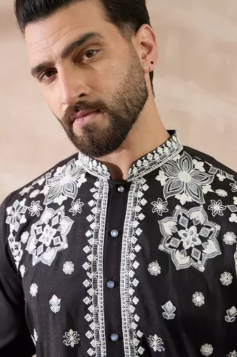 Men black silk blend embroidered mandarin collar straight kurta with trouser