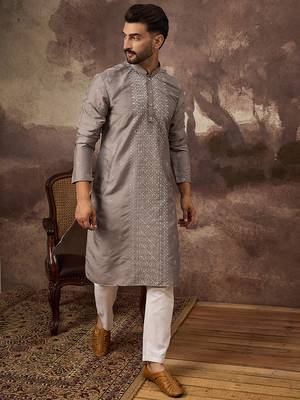 Men grey silk blend solid embroidered straight kurta 3