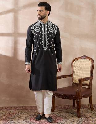 Men black silk blend embroidered mandarin collar straight kurta with trouser 3