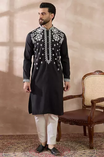 Men black silk blend embroidered mandarin collar straight kurta with trouser