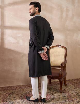 Men black silk blend embroidered mandarin collar straight kurta with trouser 4