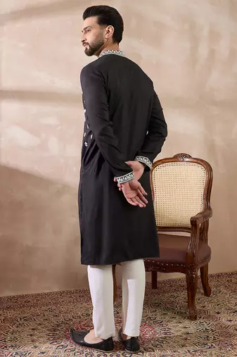 Men black silk blend embroidered mandarin collar straight kurta with trouser