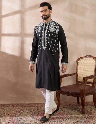 Men black silk blend embroidered mandarin collar straight kurta with trouser 5