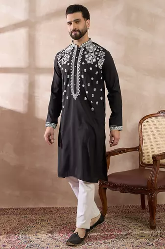 Men black silk blend embroidered mandarin collar straight kurta with trouser