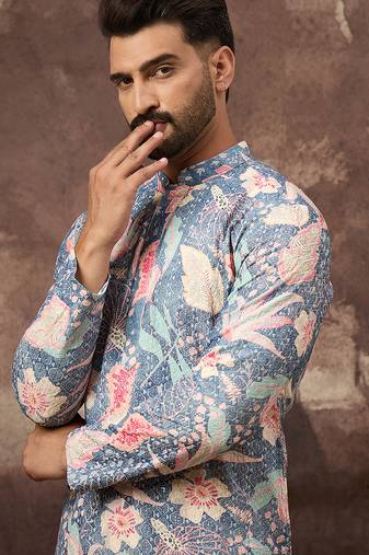 Men blue viscose rayon floral embroidered straight kurta