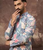 Men blue viscose rayon floral embroidered straight kurta