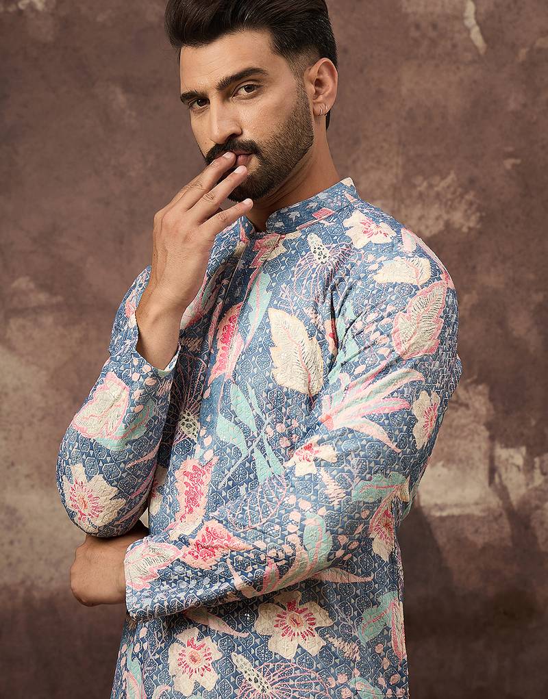 Men blue viscose rayon floral embroidered straight kurta