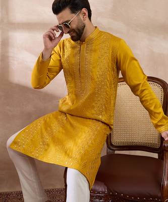 Men mustard silk blend embroidered mandarin collar straight kurta with trouser 1