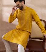 Men mustard silk blend embroidered mandarin collar straight kurta with trouser