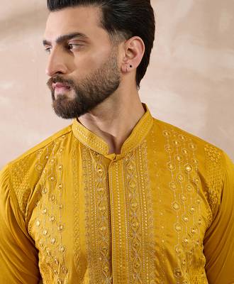 Men mustard silk blend embroidered mandarin collar straight kurta with trouser 2