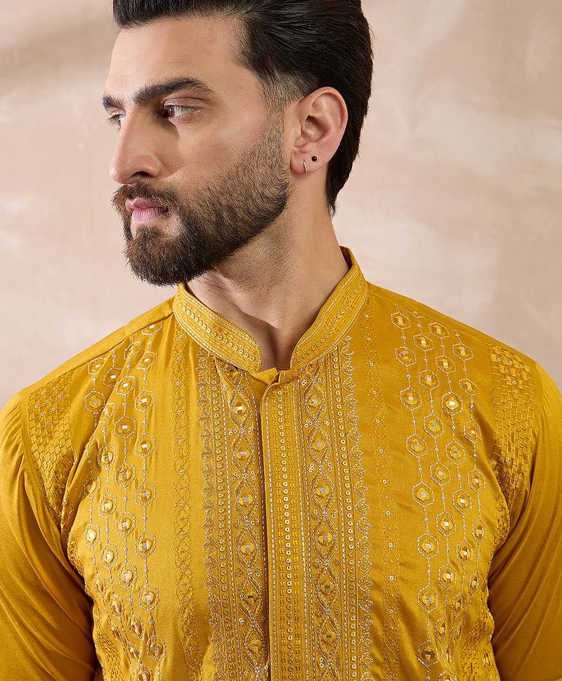 Men mustard silk blend embroidered mandarin collar straight kurta with trouser