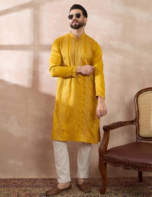 Men mustard silk blend embroidered mandarin collar straight kurta with trouser 3