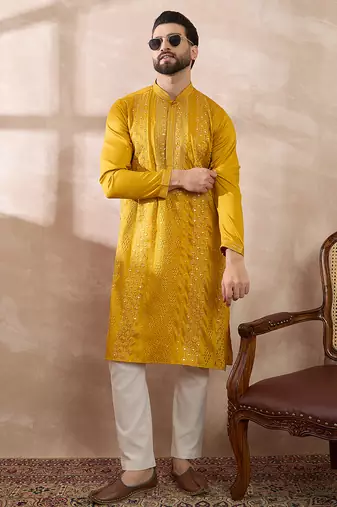 Men mustard silk blend embroidered mandarin collar straight kurta with trouser