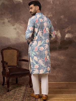 Men blue viscose rayon floral embroidered straight kurta 4