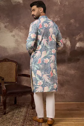 Men blue viscose rayon floral embroidered straight kurta