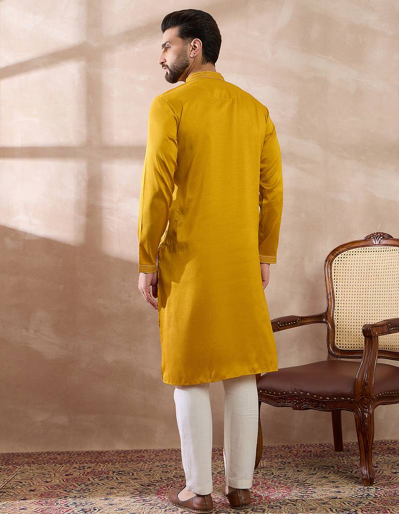 Men mustard silk blend embroidered mandarin collar straight kurta with trouser