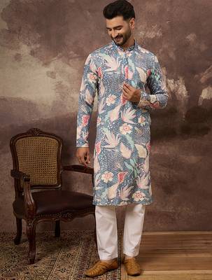 Men blue viscose rayon floral embroidered straight kurta 5