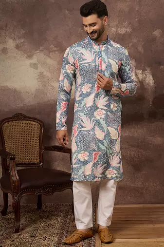 Men blue viscose rayon floral embroidered straight kurta