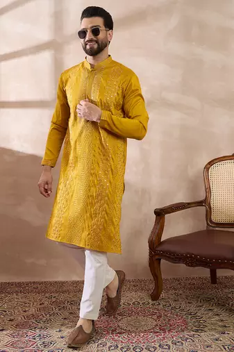 Men mustard silk blend embroidered mandarin collar straight kurta with trouser