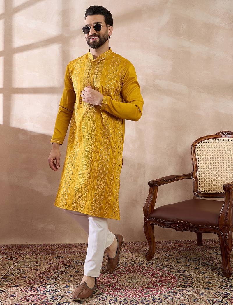 Men mustard silk blend embroidered mandarin collar straight kurta with trouser