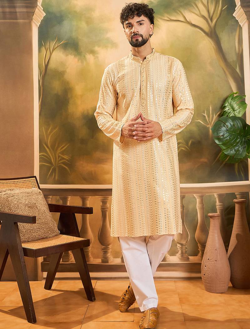 Men cream viscose rayon solid embroidered straight kurta