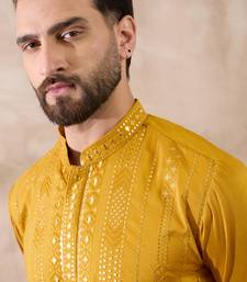 Men mustard silk blend embroidered mandarin collar straight kurta with trouser