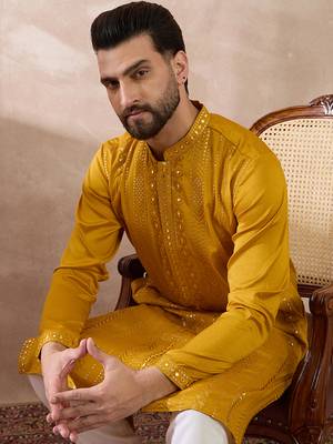 Men mustard silk blend embroidered mandarin collar straight kurta with trouser 2