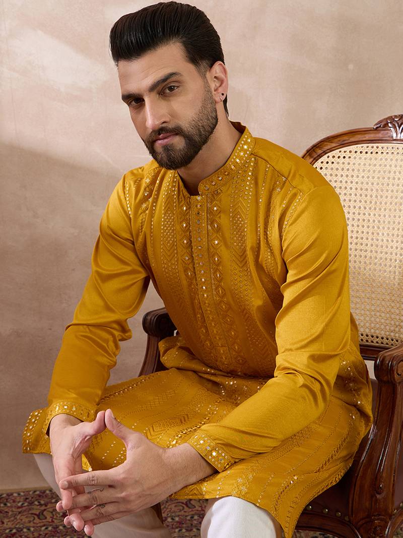 Men mustard silk blend embroidered mandarin collar straight kurta with trouser