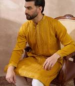 Men mustard silk blend embroidered mandarin collar straight kurta with trouser