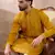 Men mustard silk blend embroidered mandarin collar straight kurta with trouser
