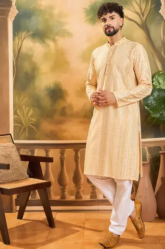 Men cream viscose rayon solid embroidered straight kurta