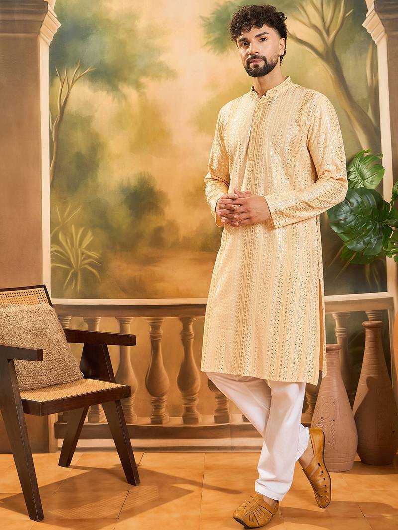 Men cream viscose rayon solid embroidered straight kurta