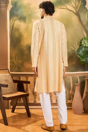 Men cream viscose rayon solid embroidered straight kurta