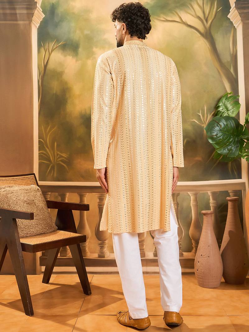 Men cream viscose rayon solid embroidered straight kurta