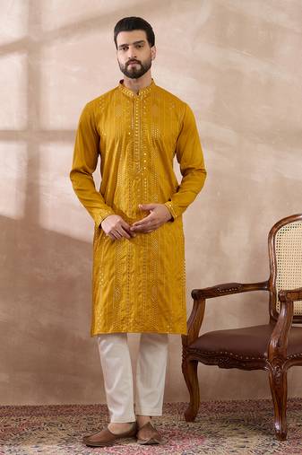 Men mustard silk blend embroidered mandarin collar straight kurta with trouser