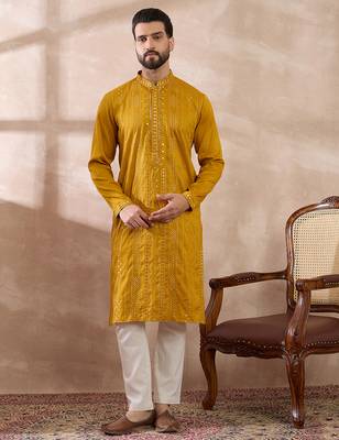 Men mustard silk blend embroidered mandarin collar straight kurta with trouser 3