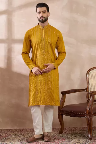 Men mustard silk blend embroidered mandarin collar straight kurta with trouser