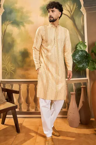 Men cream viscose rayon solid embroidered straight kurta