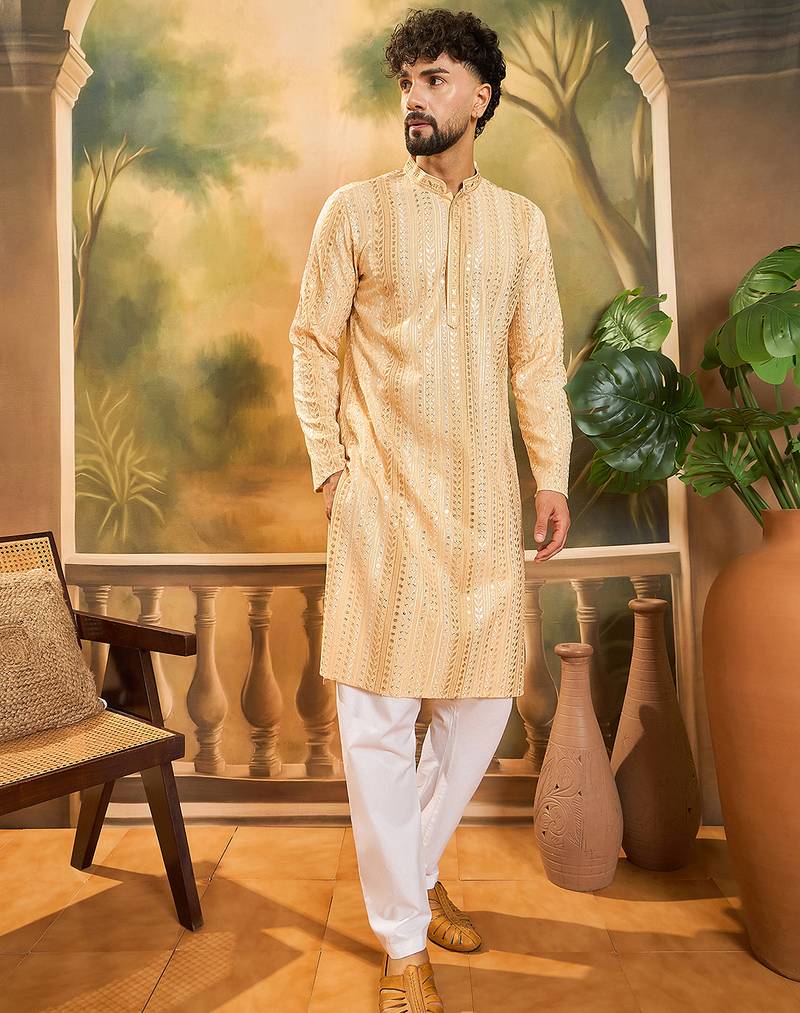 Men cream viscose rayon solid embroidered straight kurta
