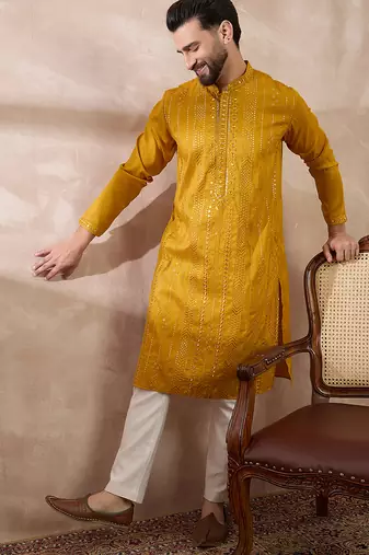 Men mustard silk blend embroidered mandarin collar straight kurta with trouser