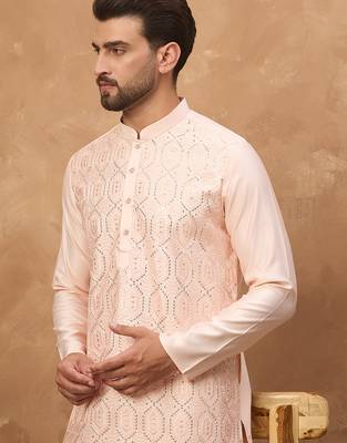 Men peach silk blend solid embroidered straight kurta 1