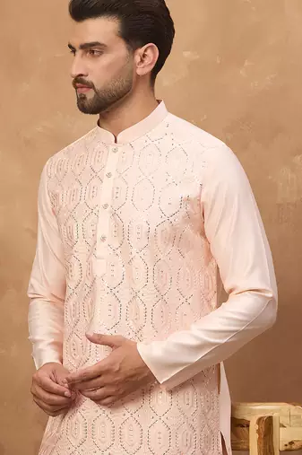 Men peach silk blend solid embroidered straight kurta
