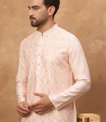 Men peach silk blend solid embroidered straight kurta