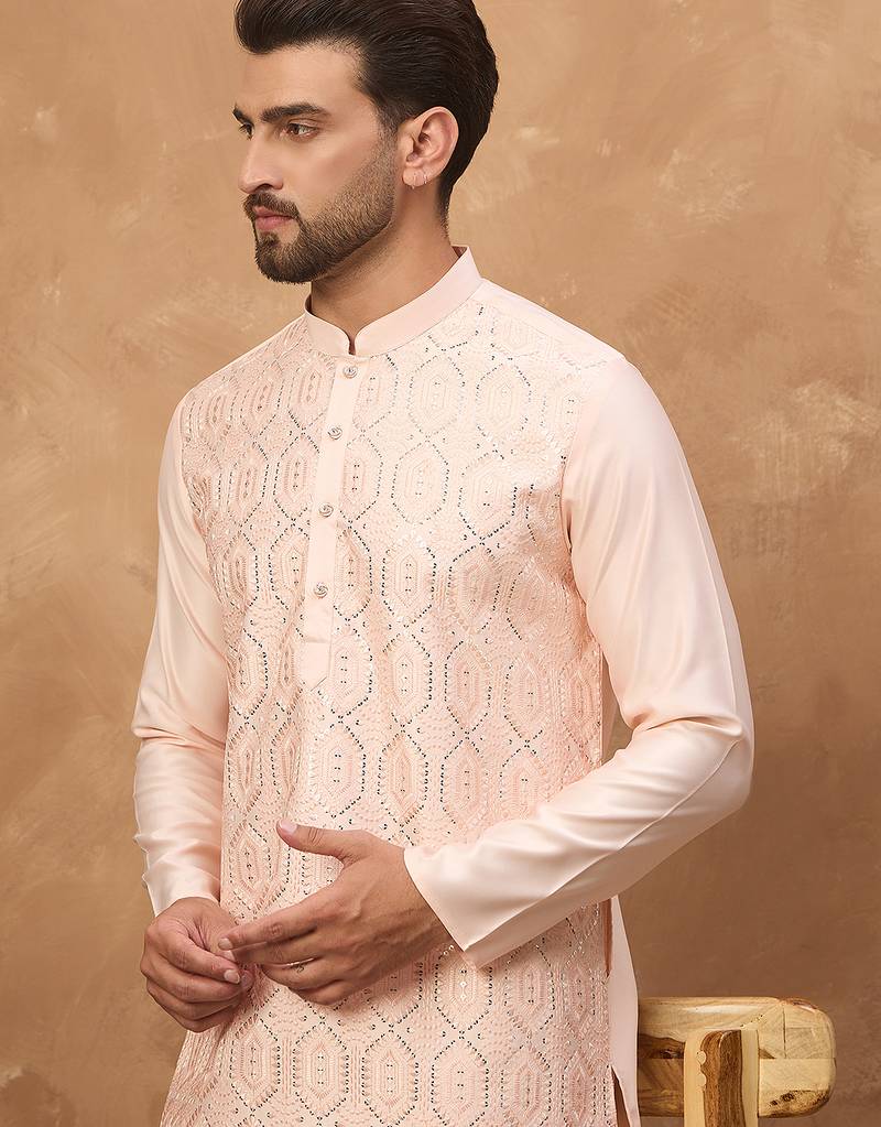 Men peach silk blend solid embroidered straight kurta