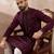Men purple silk blend embroidered mandarin collar straight kurta with trouser