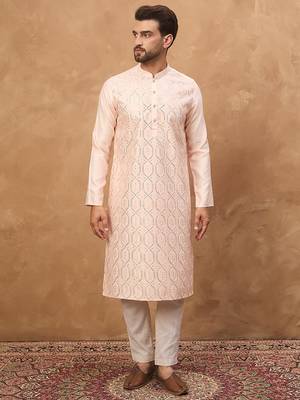 Men peach silk blend solid embroidered straight kurta 2