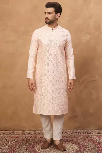 Men peach silk blend solid embroidered straight kurta