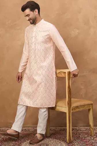 Men peach silk blend solid embroidered straight kurta