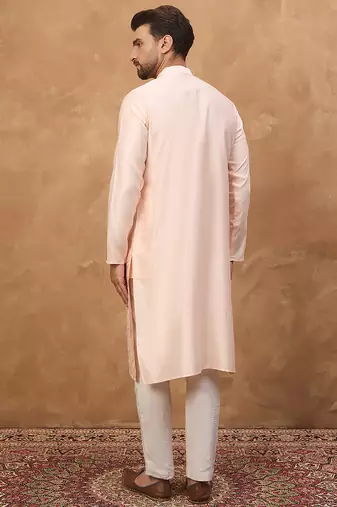Men peach silk blend solid embroidered straight kurta