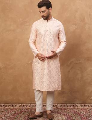 Men peach silk blend solid embroidered straight kurta 5